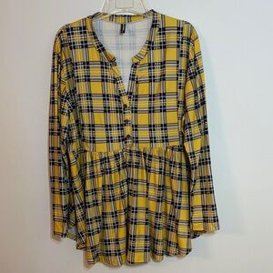 Casual Yellow Plaid Long Sleeve Blouse for Women 3XL
